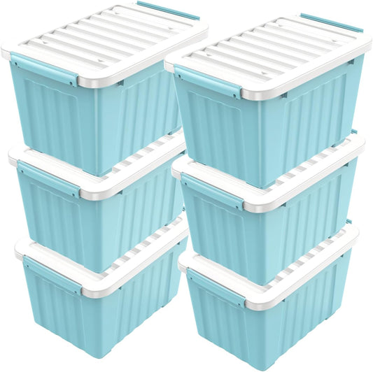 Nazhura 97 Quart Plastic Storage Bin, Stackable and Nestable Storage Boxes with White Lids and Secure Latching Buckles, Large Storage Container (Blue, 97Quart-6Pack)