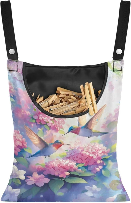 Hummingbird and Flower Clothes Pin Hanging Bag with Hanging Rope for Clothes Pins and Clothespins - Heavy Duty Outdoor Use 14.5 X 12 Inch Clothespin Bag