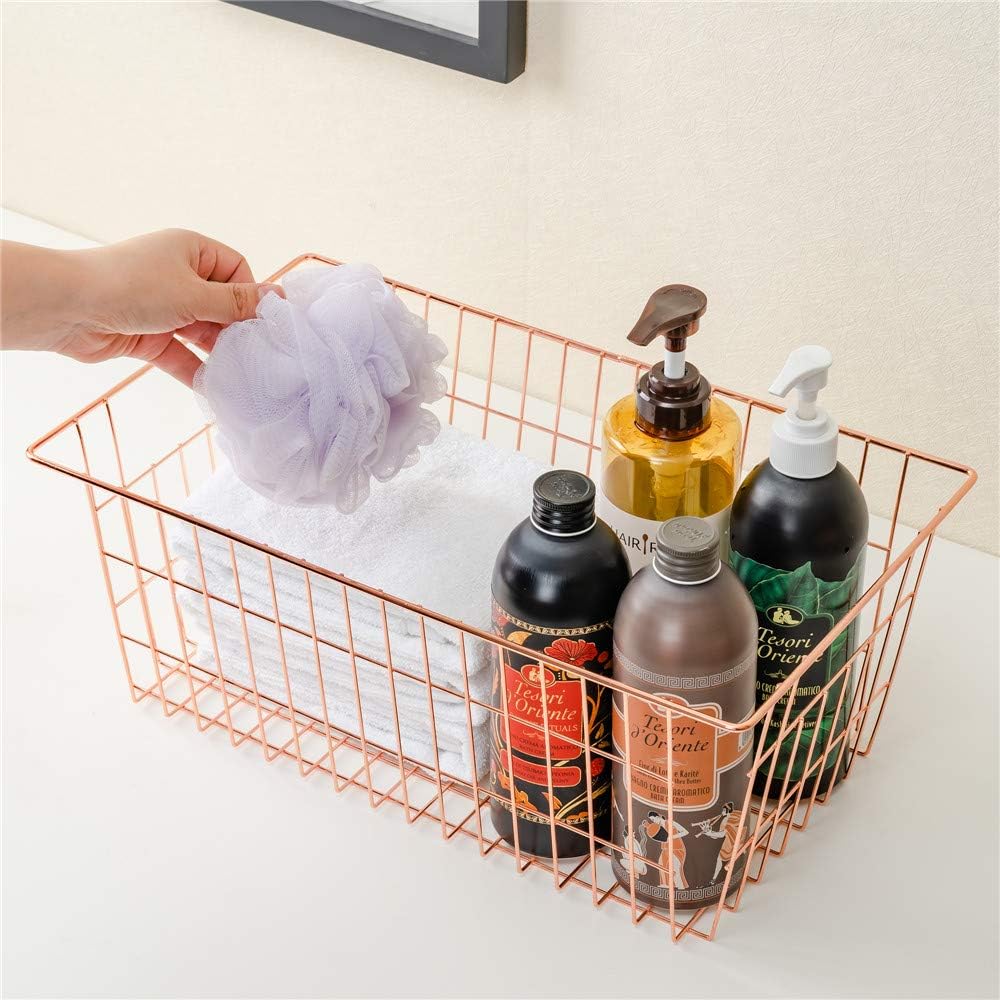 SANNO Wire Storage Basket, Farmhouse Pantre Freezer Baskets bins Metal Baskets Kitchen Storage Organizer Bin for Pantry, Shelf, Freezer, Kitchen Cabinet, Bathroom, Rose Gold
