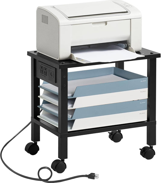 Lerliuo Under Desk Printer Stand with Charging Station, 2 Tier Wooden Small Printer Table with Storage, Rolling Printer Cart Shelf with Lockable Wheels for Home, Office (Black)