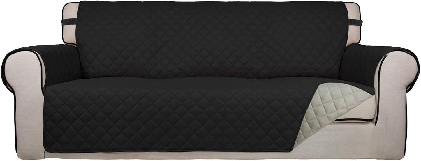 PureFit Reversible Quilted Sofa Cover, Water Resistant Slipcover Furniture Protector, Washable Couch Cover with Non Slip and Elastic Straps for Kids, Dogs, Pets (Sofa, Black/Beige)