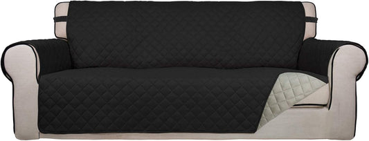 PureFit Reversible Quilted Sofa Cover, Water Resistant Slipcover Furniture Protector, Washable Couch Cover with Non Slip and Elastic Straps for Kids, Dogs, Pets (Sofa, Black/Beige)