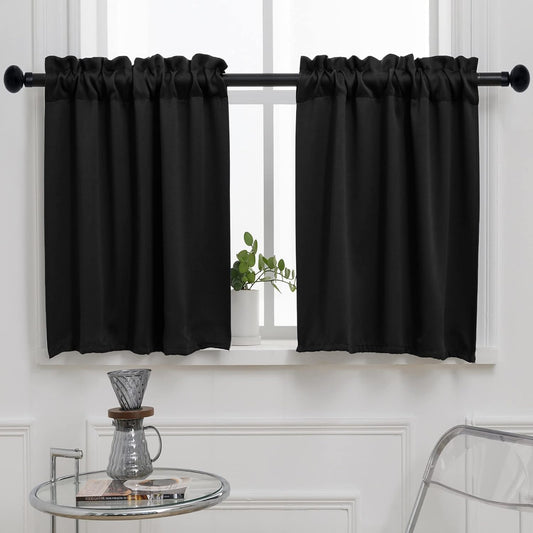 Pickluc Black Cafe Curtain (Half Window Curtain) 36 Inches Length, Rod Pocket Small Kitchen Curtain, Short Blackout Curtain for Small Window, 30" Wide and 36" Long, 2 Panels