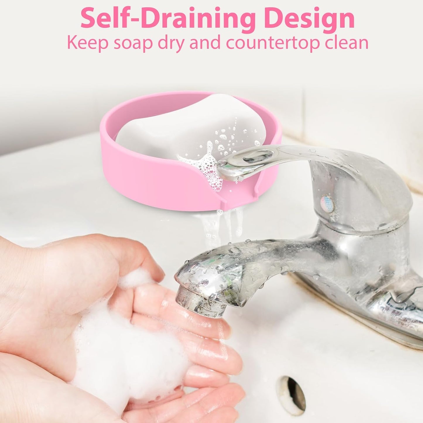 Self Draining Soap Dish, Silicone Suction Cup Soap Holder Tray Savers Container Sponge Holder for Bar Bathroom Shower Kitchen Sink, Can Extend Soap Life (1, Pink)