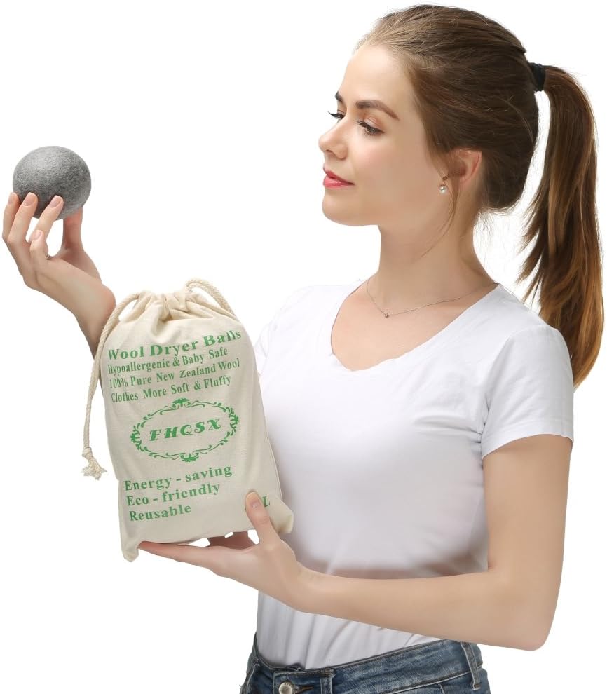 Wool Dryer Balls by FHQSX 6-Pack, XL Premium Reusable Natural Fabric Softener, White and Grey…
