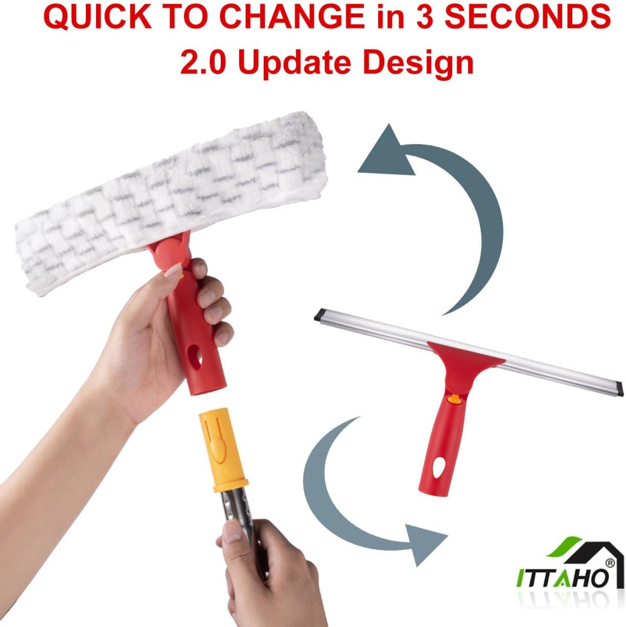 ITTAHO Squeegee for Window Cleaning, 12" Squeegee and 11" Microfiber Scrubber Combi with Stainless Steel Pole, Extendable Window Cleaner for Car, Sliding Door, Shower Glass Door-Swivel Style-2 Pads
