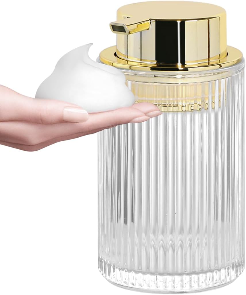 Clear Foaming Soap Dispenser, 12 Oz Glass Foaming Hand Soap Dispenser with Gold Pump, Bathroom Refillable Liquid Lotion Container Pump Ribbed Bottle for Kitchen Bathroom Decor, 1pc