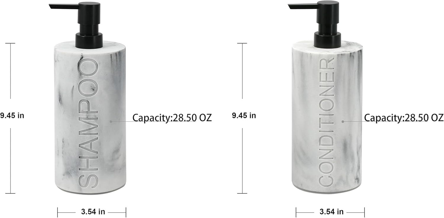 Marble Resin 2 Piece Shampoo and Conditioner Dispenser Set, Luxurious Refillable Pump Bottles with Matte Pump Top and Embossed Text, Durable Design for Bathroom and Shower