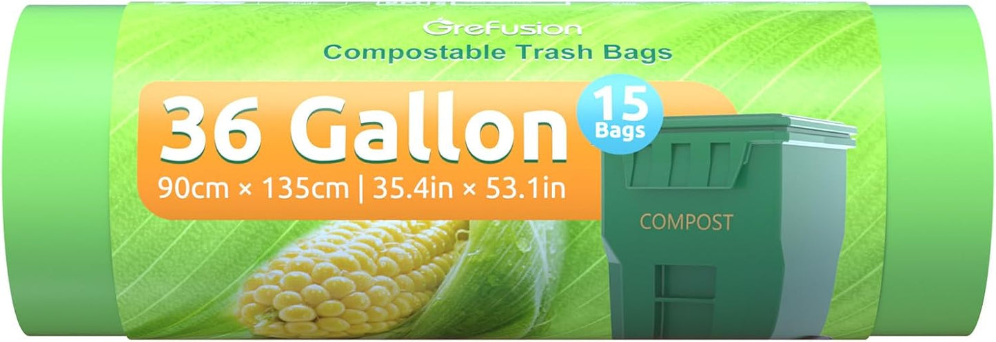 GreFusion Compostable 36 gallon Trash Bags, Extra Thick 1.28 Mills, Compost 36 Gal Trash Bags (Kitchen Tall Garbage Bags), Compostable Lawn & Leaf Yard Waste bags,ASTM D6400,Bpi Certified