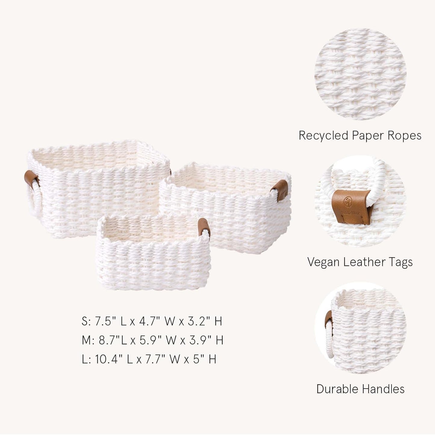 LA JOLIE MUSE Woven Storage Baskets for Organizing, Recycled Paper Rope Basket Bin Divider for Makeup Towel Shelf Cupboards Drawer Closet Dresser, Decorative White Storage Basket Set of 3