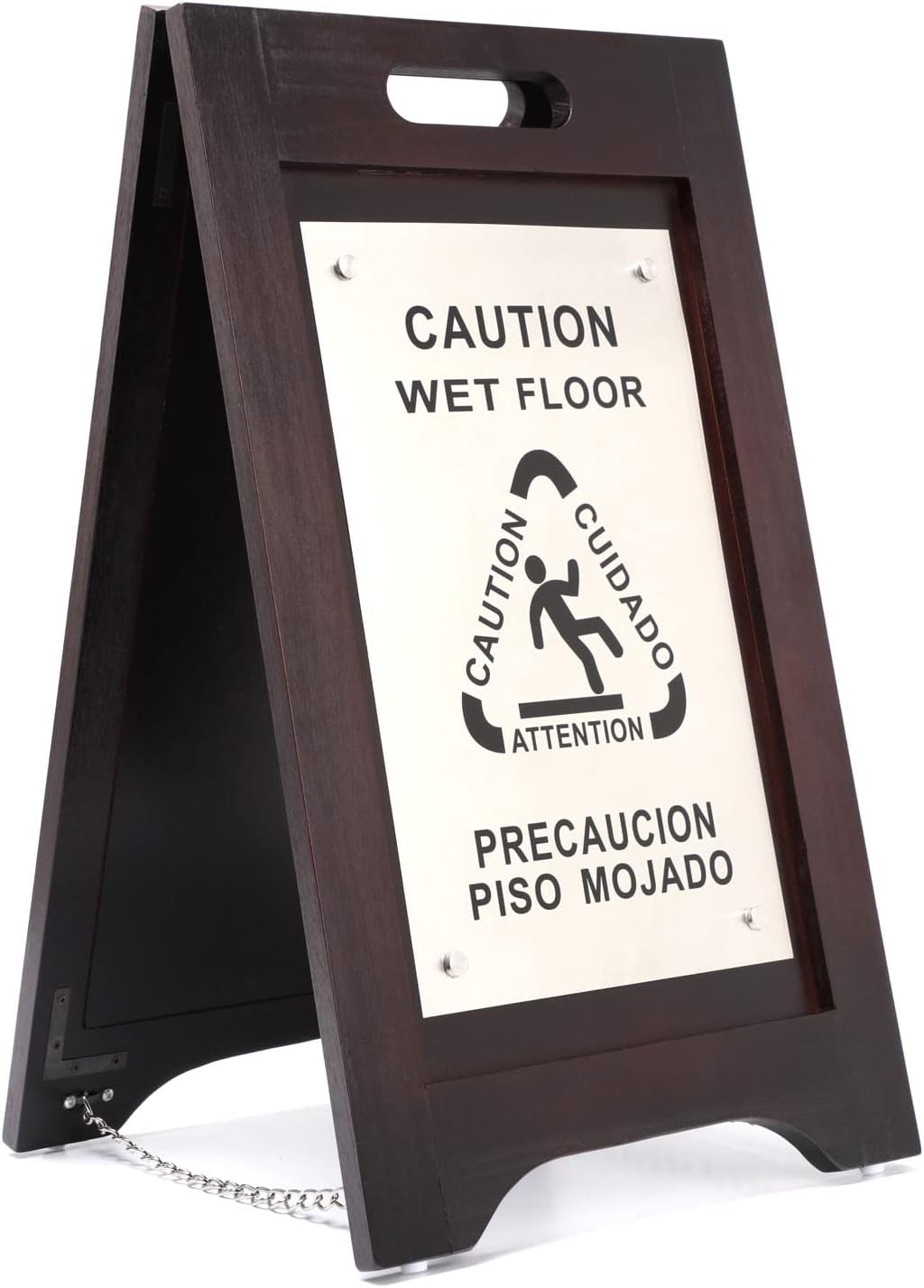 Premium Wooden Caution Wet Floor Sign – Bilingual w/Non-Skid Plastic Feet, Brushed Nickel Plate – For Hotels, Schools, Offices, Areas, Restrooms, Pool Decks & Shops