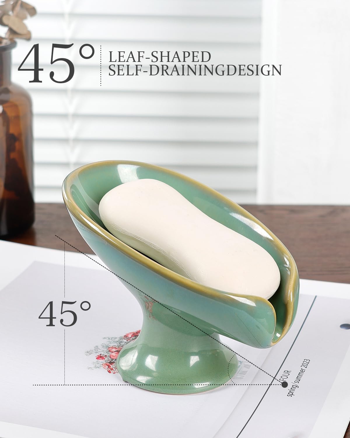 Soap Dish, Self Draining Bar Soap Holder for Bathroom Sink, Leaf Shaped Drainage Ceramic Mint Green Porcelain Decorative Soap Dish, No Suction Cup, ANTIS'S HOME