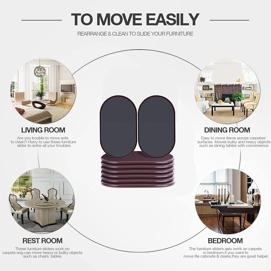 Reusable Large Furniture Sliders for Carpet, Furniture Movers Sliders, Carpet Movers Oval Heavy Duty Sofa Bed Table Desk Movers for Carpet –Quickly and Easily Move Any Item, Brown (8 Pack)