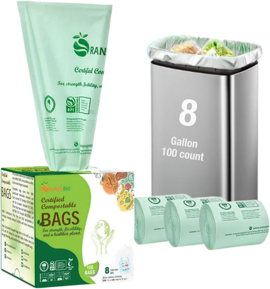 OrangeBio 6~8 Gallon Compostable Trash Bags, 100 Count, Plant-Based Garbage Bags for Kitchen, Bathroom, Office & Food Waste – Durable, Leak-Proof, ASTM D6400 & BPI Certified