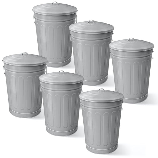 Plexon Round Trash Can 13 Gallon, Vintage Metal Outdoor Trash Can with Lid, Retro Farmhouse Garbage Container, Old School Modern Ash Bucket, Gray 6 Pack