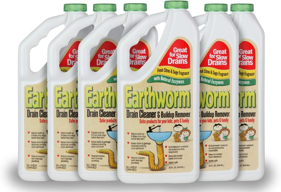 Earthworm Drain Cleaner - Drain Deodorizer - Natural and Safer for Families - Six (6) 32 oz Bottles