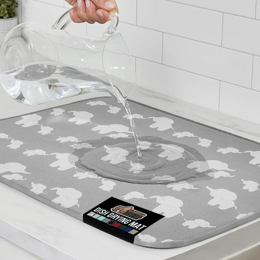 GORILLA GRIP Ultra Water Absorbent Microfiber Dish Drying Mat, 18x32, Quick Dry Thick Mesh, Slip Resistant Pad for Sink Dishes or Under Rack, Kitchen Counter Accessories, Machine Wash Mats, Elephants