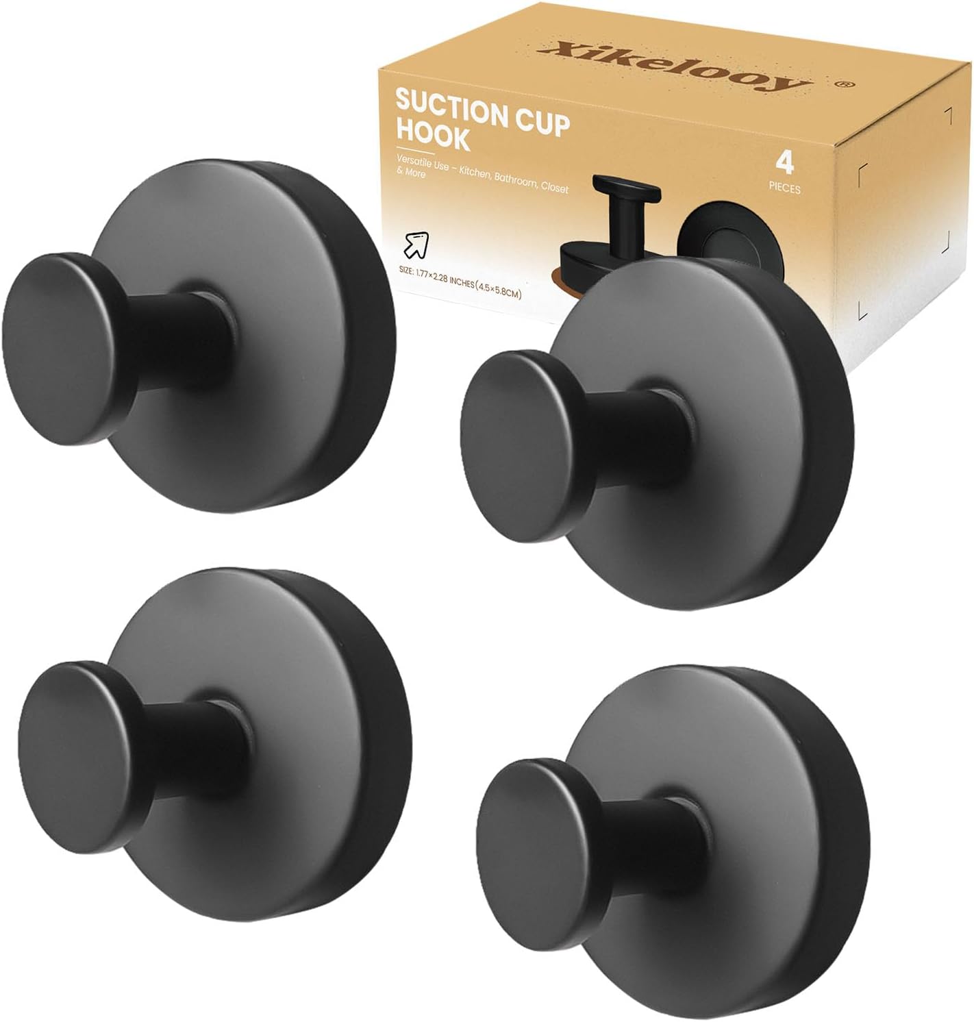 4 Pcs Suction Cup Hooks for Shower，Removable Hooks，Towel Hook，Suction Hook for Bathroom, Bedroom, Glass Window (Black)