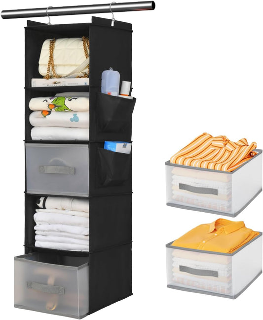 5-Layer Suspended Fabric Shelf Organizer, Equipped with 2 Sturdy Hooks, 2 Separate Drawers, and Foldable Hanging Storage (Black)