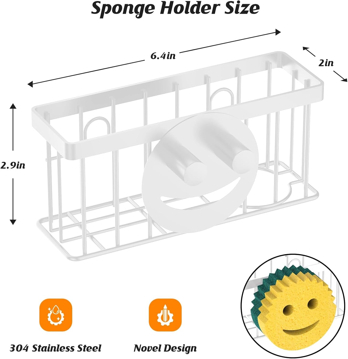 Sponge Holder Smiley Face,Sink Caddy,Sink Organizer with 2 Suction Cups/1 Adhesive Strips,Designed for Sponge,Soap,Dish Brush,Scrubber - White
