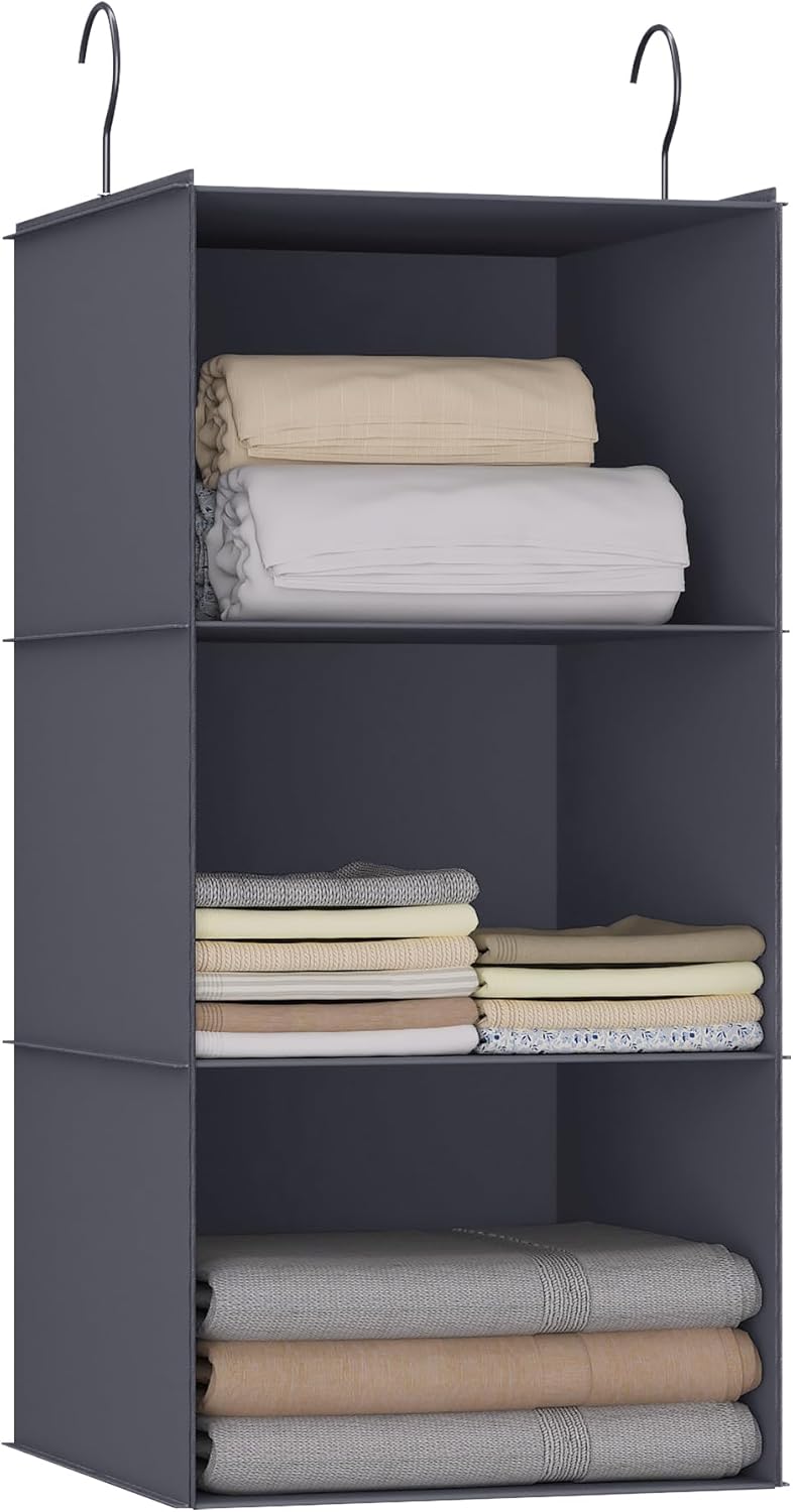 Hanging Closet Organizer and Storage 3-Shelf, Easy Mount Foldable Hanging Closet Wardrobe Storage Shelves, Clothes Handbag Shoes Accessories Storage, Washable Oxford Cloth Fabric, Dark Gray