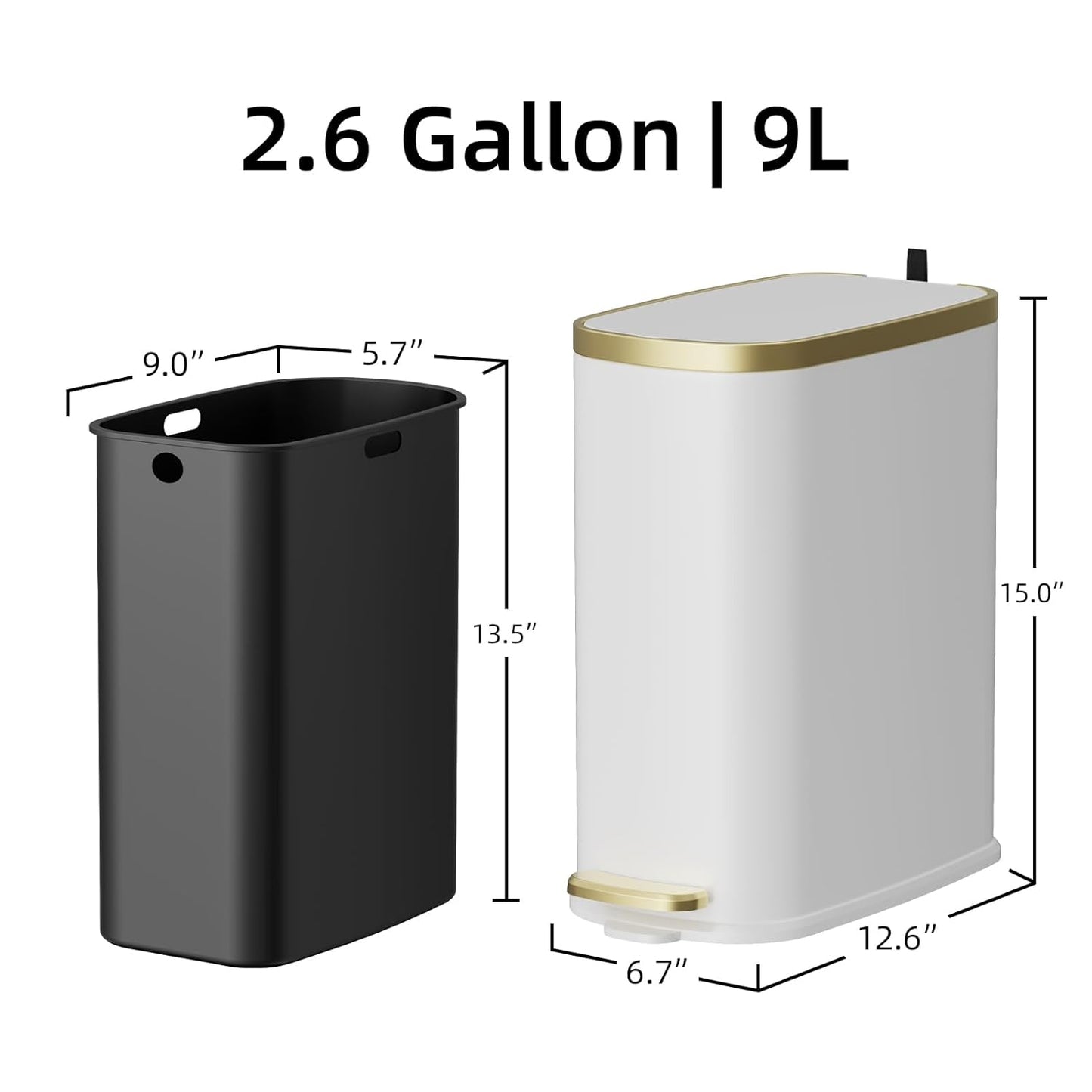 KUK Small Bathroom Trash Can with Lid Soft Close, Step Pedal, 2.4 Gal Stainless Steel Garbage Can with Removable Inner Bucket, Anti-Fingerprint Wastebasket for Office, Bedroom, Toilet (White)