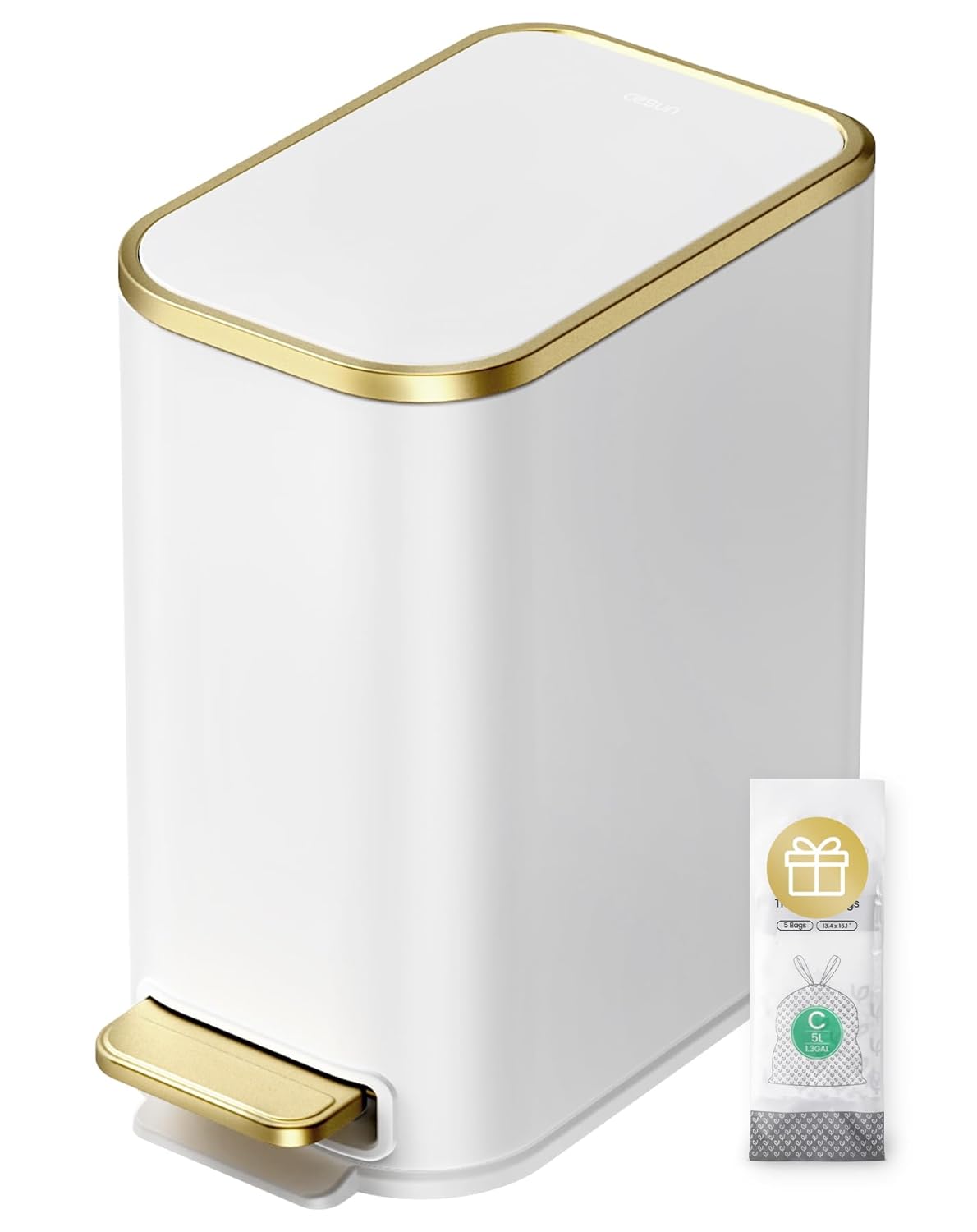 Cesun Small Bathroom Trash Can with Lid Soft Close, 5 Liter/1.3 Gallon Stainless Steel Garbage Can with Removable Inner Bucket, Step Pedal, Slim Waste Basket for Toilet, Office, Bedroom (White&Gold)