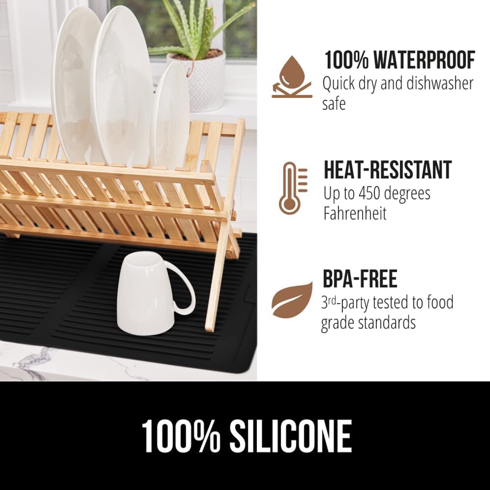 GORILLA GRIP 100% BPA-Free Patented Silicone Dish Drying Mat for Kitchen Counter, Water Catching Ribbed Design, Easy Clean Waterproof Sink Liner, Heat Resistant, Fits Under Rack, 16x12 Inch, Black
