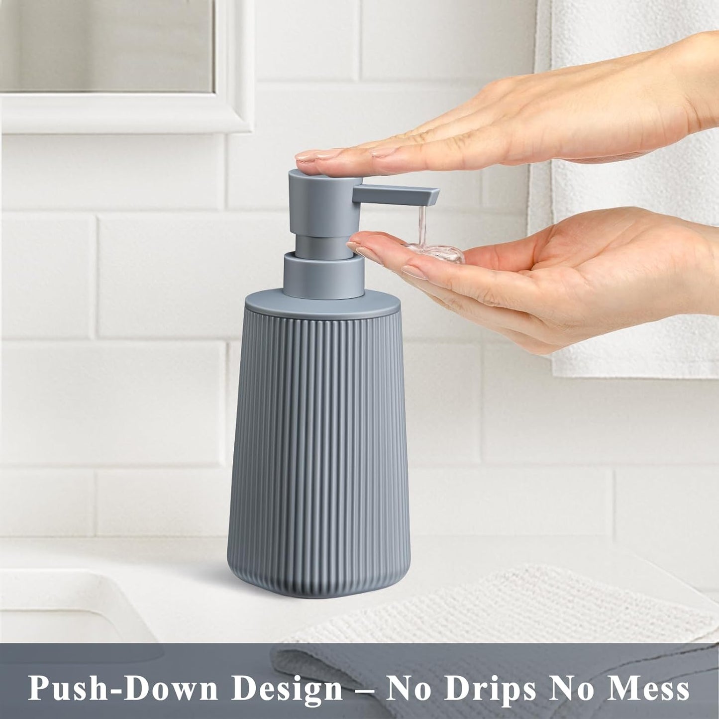 Gray Hand Soap Dispenser with No Rust Pump for Bathroom and Kitchen Countertops Refillable Striped Matte Plastic 8.5 oz
