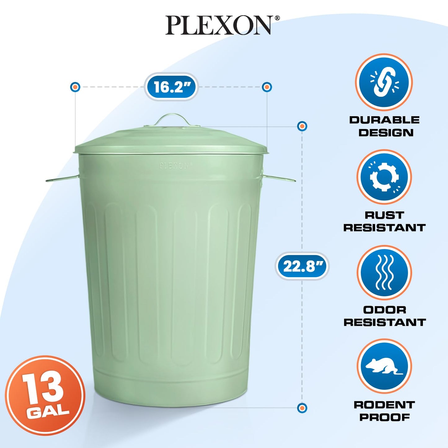 Plexon Round Trash Can 13 Gallon, Vintage Metal Outdoor Trash Can with Lid, Retro Farmhouse Garbage Container, Old School Modern Ash Bucket, Green 6 Pack