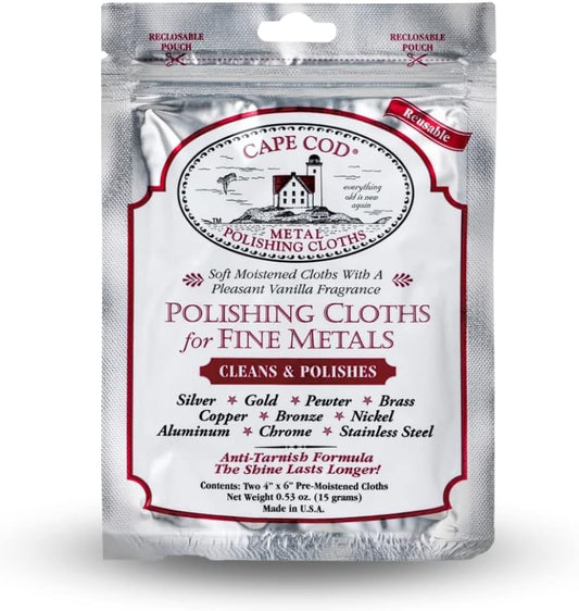 Cape Cod Polishing Cloths for Fine Metals | Jewelry Cleaner and Tarnish Remover | Silver Polishing to a Brilliant Shine | Foil Pack of (2) 4x6 Cloths