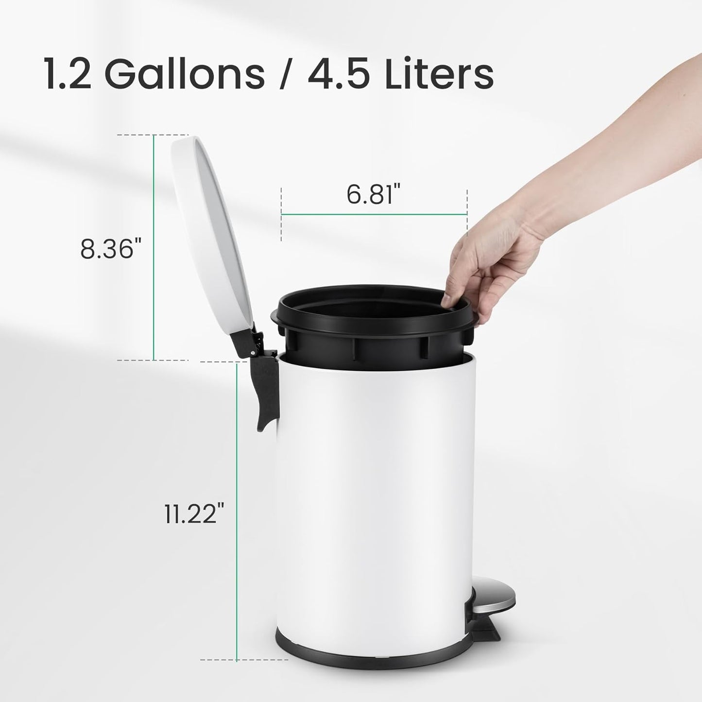 Cesun 1.2 Gallons Small Trash Can with Lid, White Bathroom Garbage Can with Foot Pedal, Mini Round Wastebasket for Bathroom, Bedroom, Office, 4.5 Liters / 1.2 Gallons, White