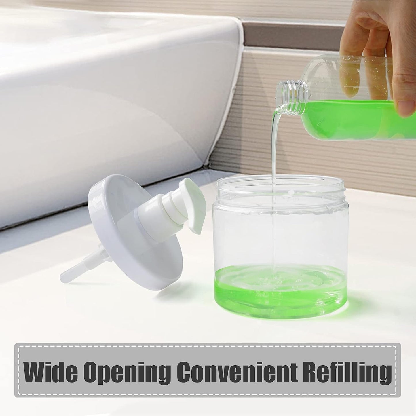 Cosywell Pump Bottle Dispenser Plastic Refillable Bottles Wide Mouth Jar Style Empty Bathroom Shower Containers for Lotion Shampoo Conditioner (Clear, 2X 500ml)