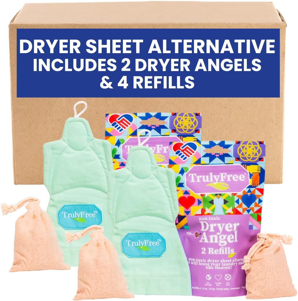 Truly Free Dryer Angel - Natural Dryer Sheet Alternative, Non-Toxic Reusable Fabric Softener Sheets and Scent Booster, Safe for Babies and Sensitive Skin, Laundry Room Essentials - 2 Packs + 2 Refills