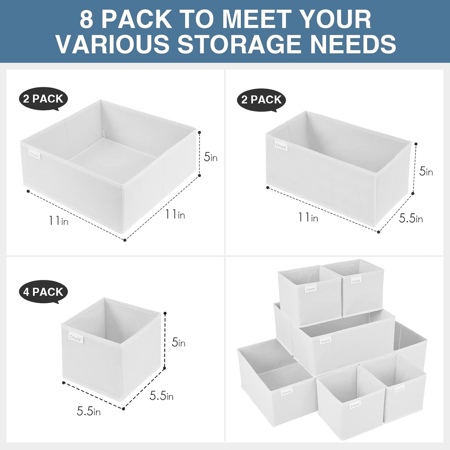 Criusia Drawer Organizer Clothes, 8 Pack Underwear Drawer Organizer, Foldable Closet Organizers and Storage Dresser Drawer Dividers for Clothes, Socks, Scarves, Ties (White)