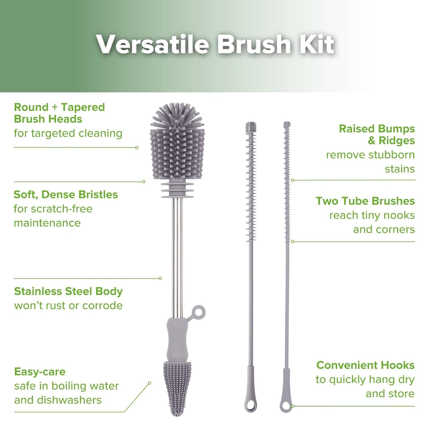 haakaa Silicone Cleaning Brush Kit - SUVA Grey - Bottle Brush for Breast Pumps, Breast Milk Collector, Baby Bottles, Nipples, Breastmilk Storage Bags