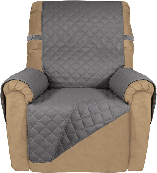 PureFit Reversible Quilted Sofa Cover, Water Resistant Slipcover Furniture Protector, Washable Couch Cover with Non Slip and Elastic Straps for Kids, Dogs, Pets (Small Recliner, Gray/Gray)