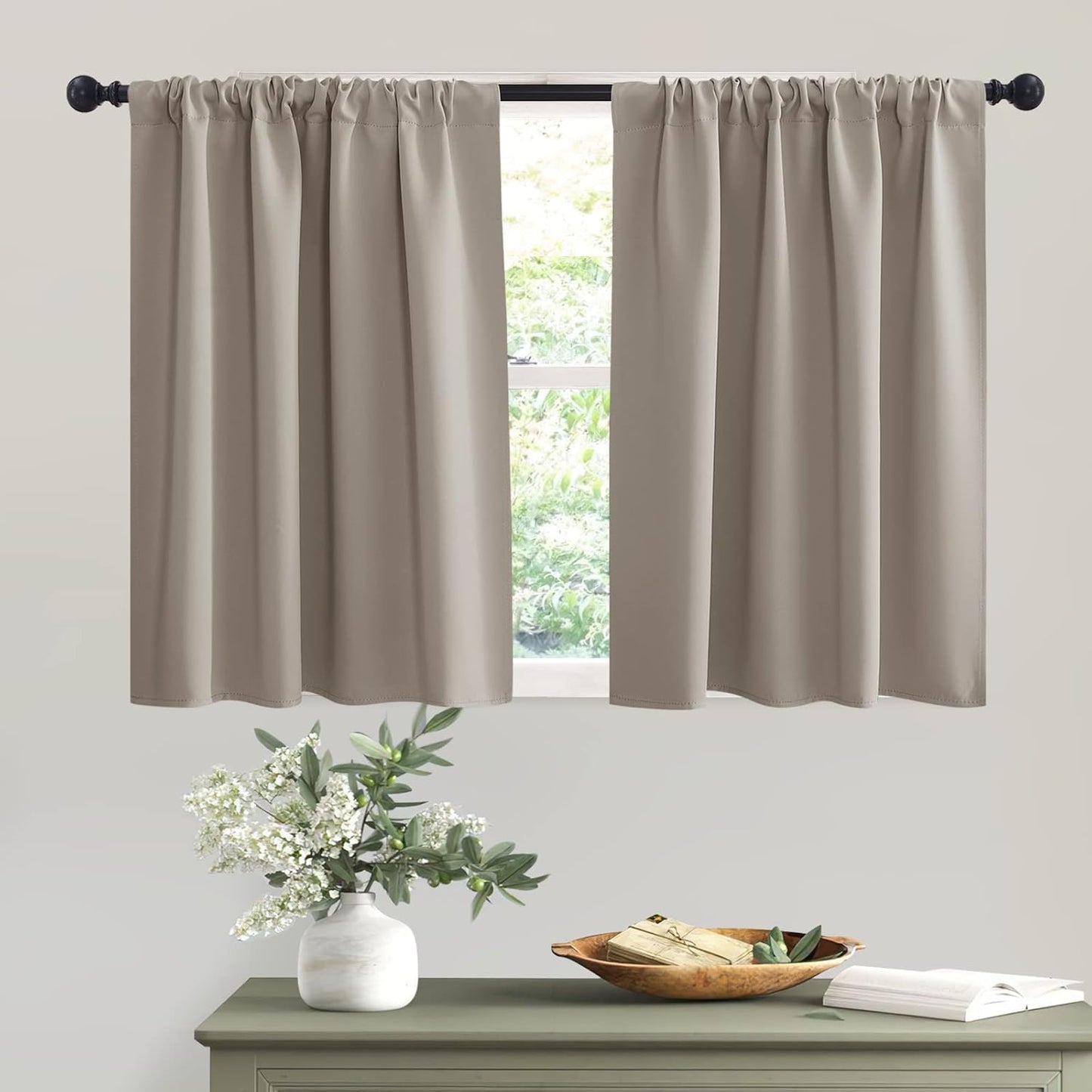 RYB HOME Short Curtains 36 inches, Durable Room Darkening Small Window Treatment Energy Smart Privacy Draperies for Basement Bathroom Bedroom, Sand, W42 x L36 inches, 2 Panels Set
