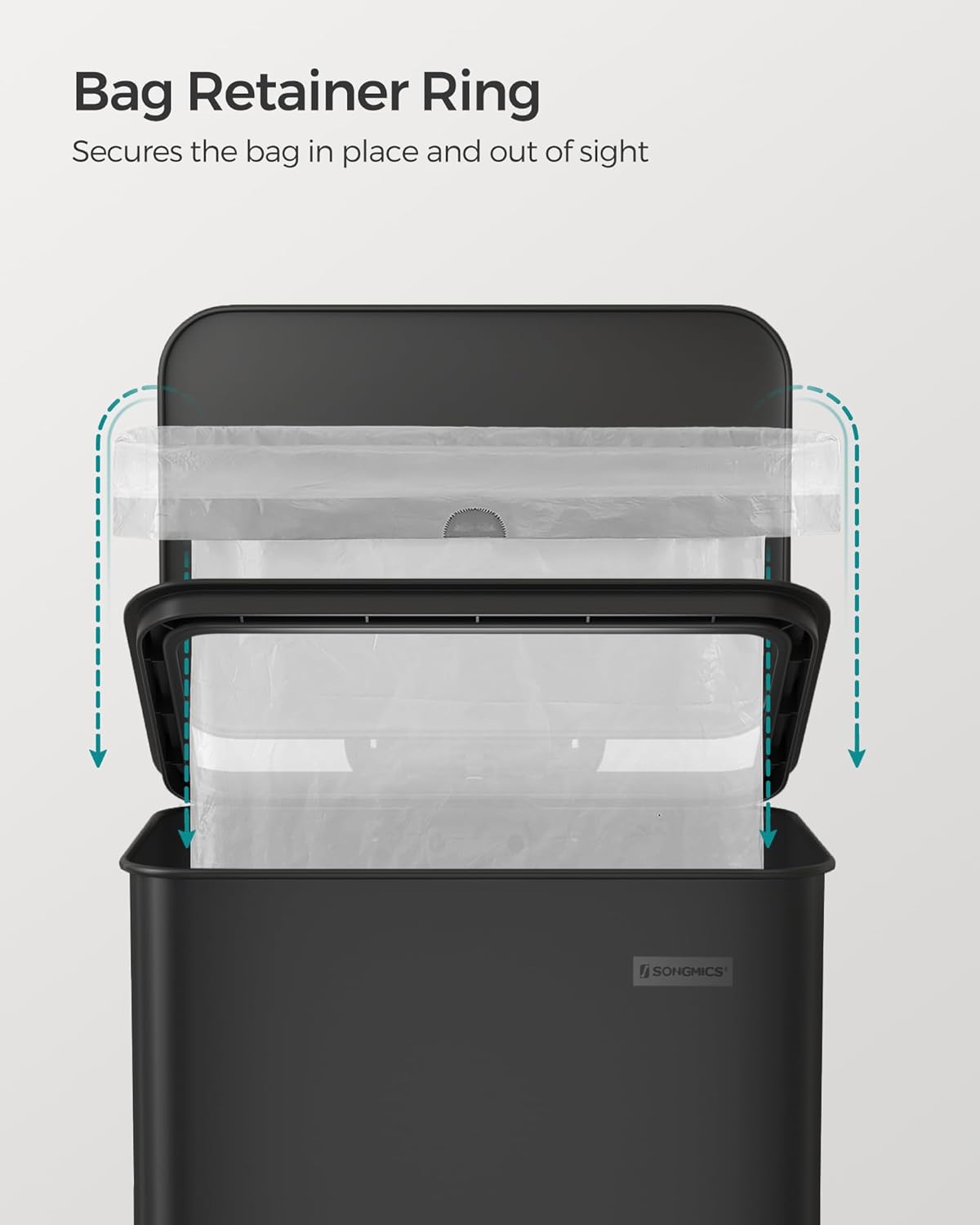 SONGMICS Kitchen Trash Can, 10.5 Gallon (40 L) Garbage Can, Large Step Trash Bin with Lid, Stainless Steel, Soft Close, 15 Trash Bags Included, Black ULTB540B40