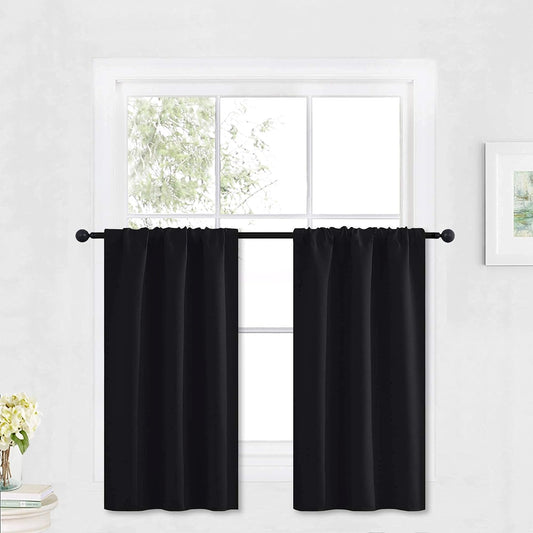 RYB HOME Blackout Curtains Black - Sunlight Block Energy Saving Drapes for Bedroom Bathroom Home Office Small Window Treatment Panels, W 29 x L 36 inch, Black, 2 Panels