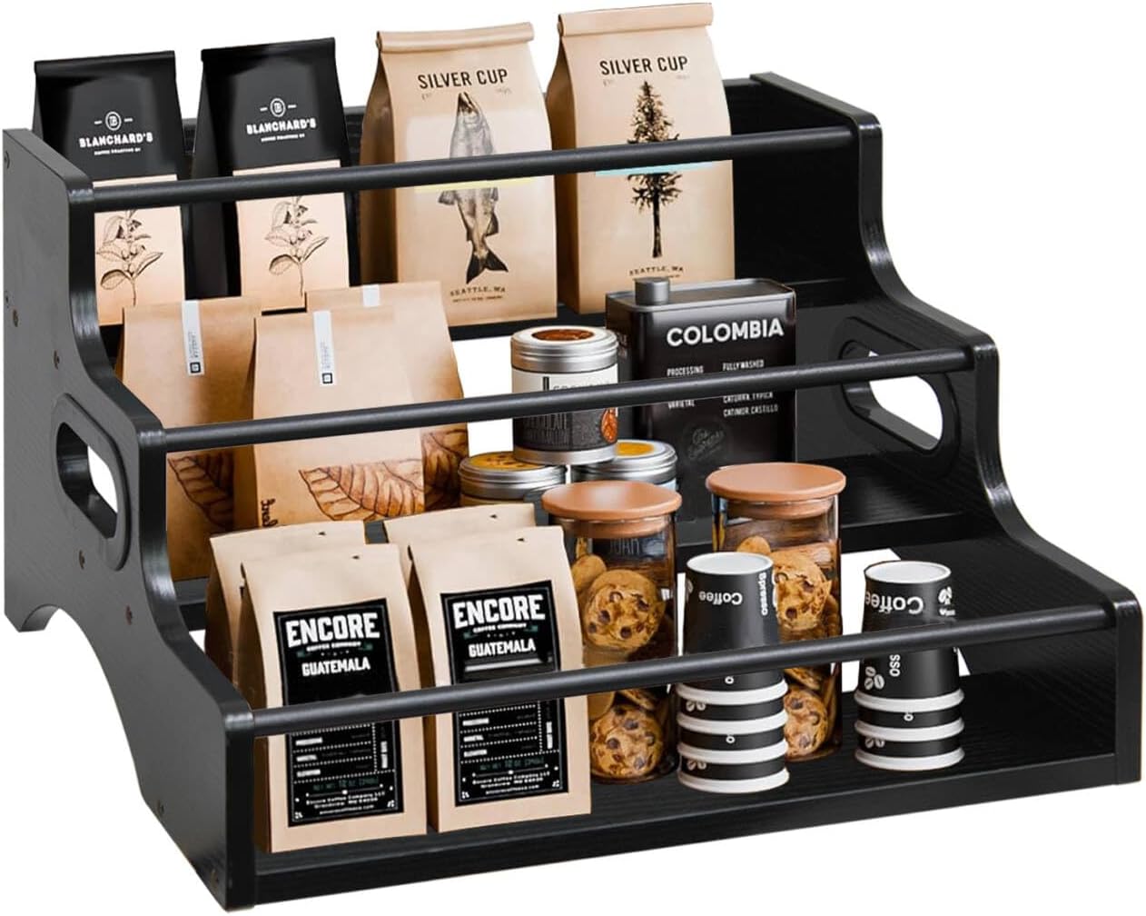 AT-VALY 3-Tier Spice Rack, Iron&MDF Kitchen Storage Shelf, Space-Saving Countertop Organizer for Spices, Herbs, Seasonings, Sturdy Stylish Condiment Holder,Countertop Wine Rack (Black Grain)