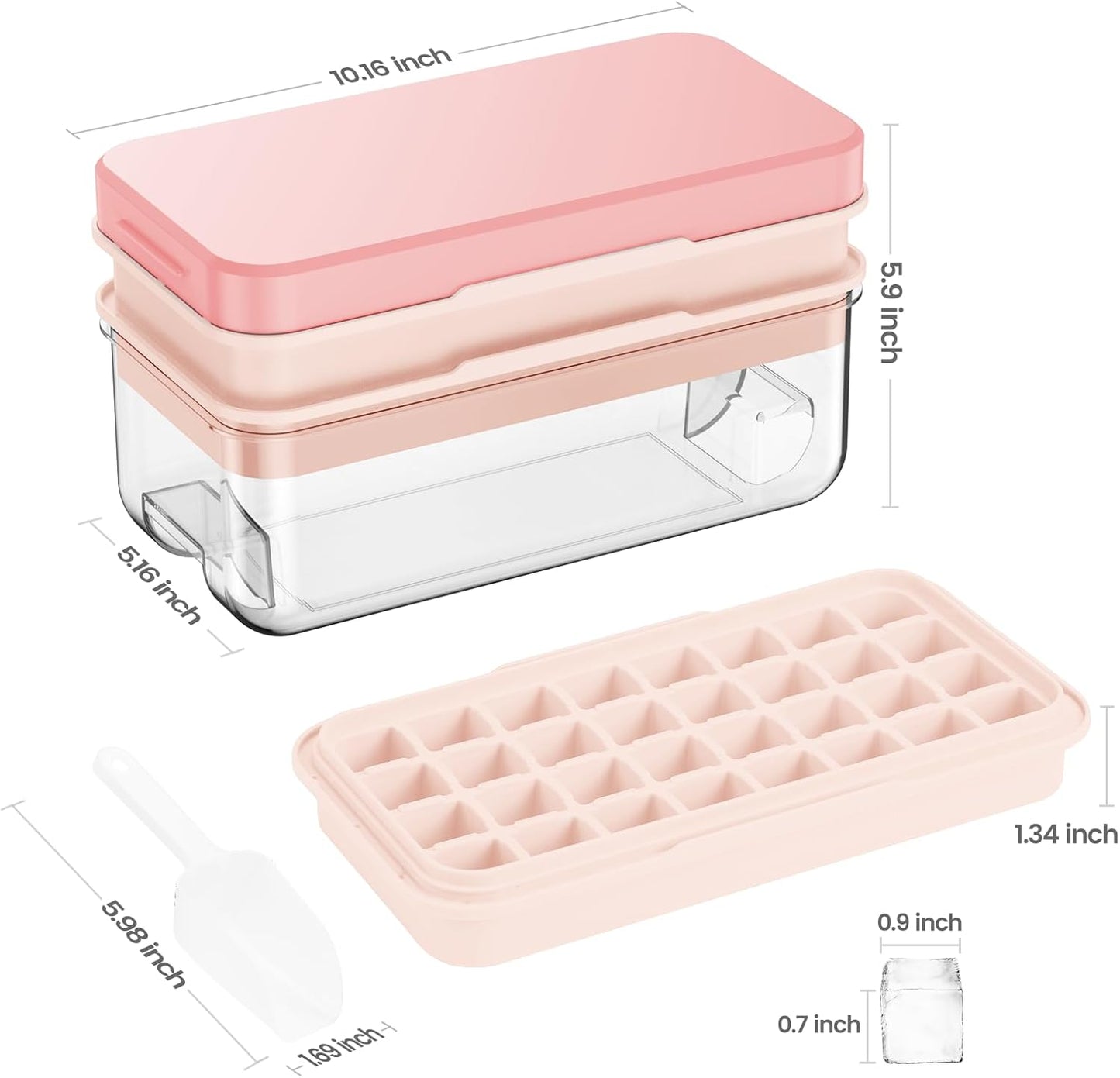 PHINOX Ice Cube Tray with Lid and Bin, Ice Trays for Freezer, Flexible Ice Cube Trays, Making 64 pcs Ice Cubes, Chilling Cocktail, Whiskey, Coffee, with 2 trays, Ice Container, Scoop&Cover, BPA Free