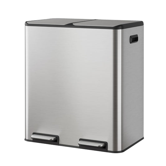 WLIVE 2 x 8 Gallon / 2 x 30 Liter Dual Trash Can, Stainless Steel Double Compartment Classified Kitchen Trash Can, with Plastic Inner Buckets, Handles, Soft-Close Lid, Deodorizing Filter Box, Silver.