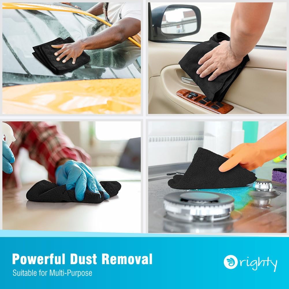 Orighty Microfiber Cleaning Cloth, 12 Pack Microfiber Towels for Cars, Highly Absorbent Car Cleaning Supplies, Lint Free Cloths Clean Rags for Car Care, House, Kitchen, 12x12 inch, Black