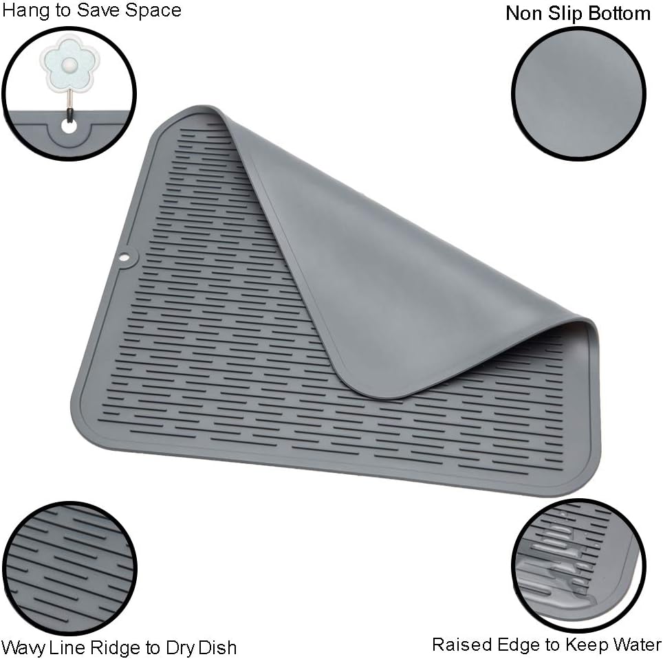 ZLR 2 Pcs Silicone Dish Drying Mats for Kitchen Counter, Eco-Friendly Fast Dry Dish Mat, Easy Clean Multi Usage Drying Matt, Heat Resistant Trivet, 16" x 18" XL, Gray