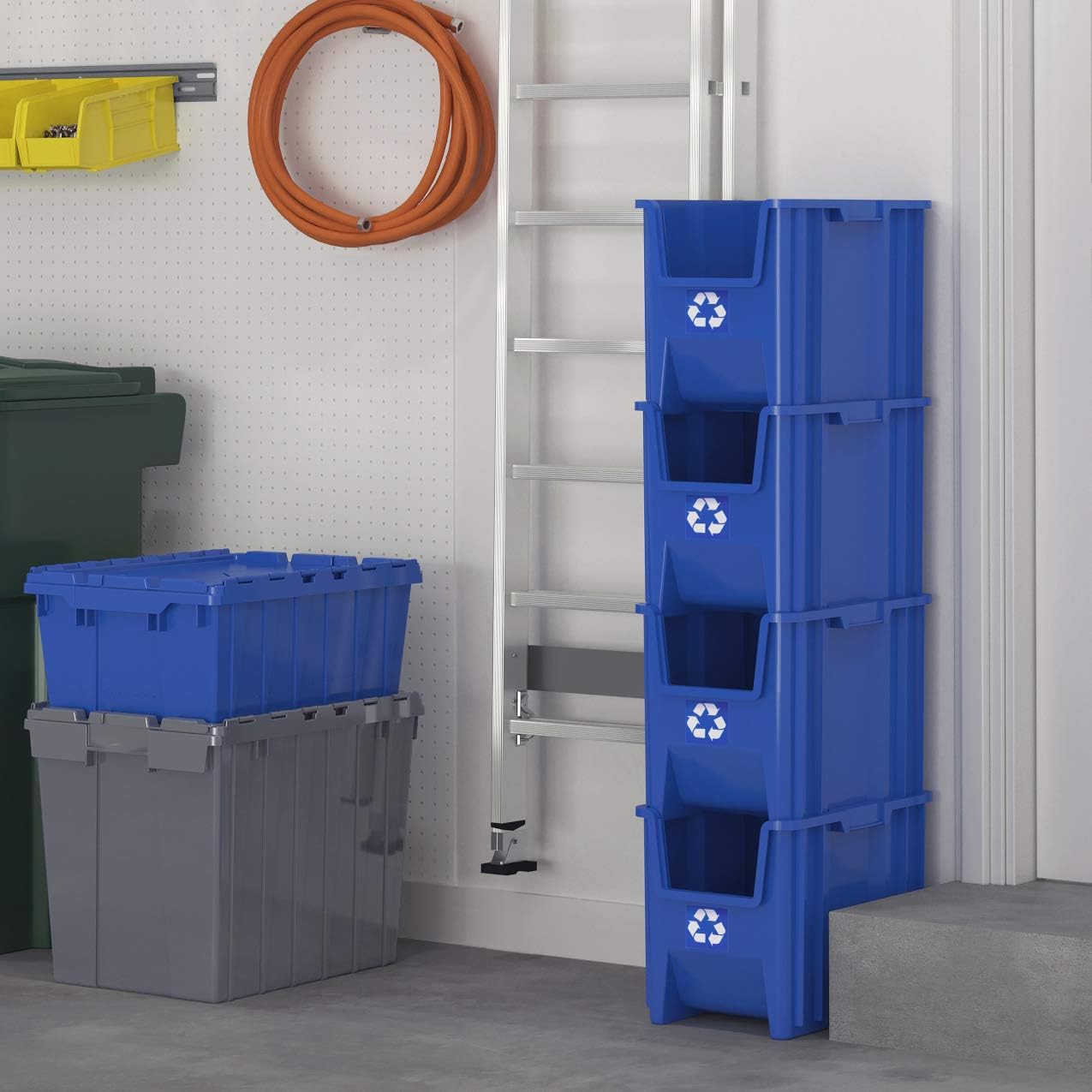 Commercial Industrial Heavy Duty Stackable Open-Front Recycling Bin Box Containers, 7 Gallon, 4 Pack, Blue