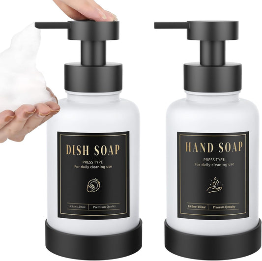 Luxspire Foaming Soap Dispenser, Glass Foam Pump Soap Dispenser, Non-Slip Hand Soap Container with 5 Waterproof Labels, 15 Oz Refillable Liquid Soap Holder for Bathroom & Kitchen, White, 2 Pack