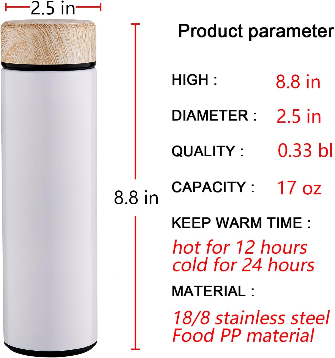 15oz Water Bottle Stainless Steel Thermos Flask - Insulated Vacuum, Leak Proof, Keeps Drinks Hot/Cold - Ideal for Coffee, Tea, Water - White