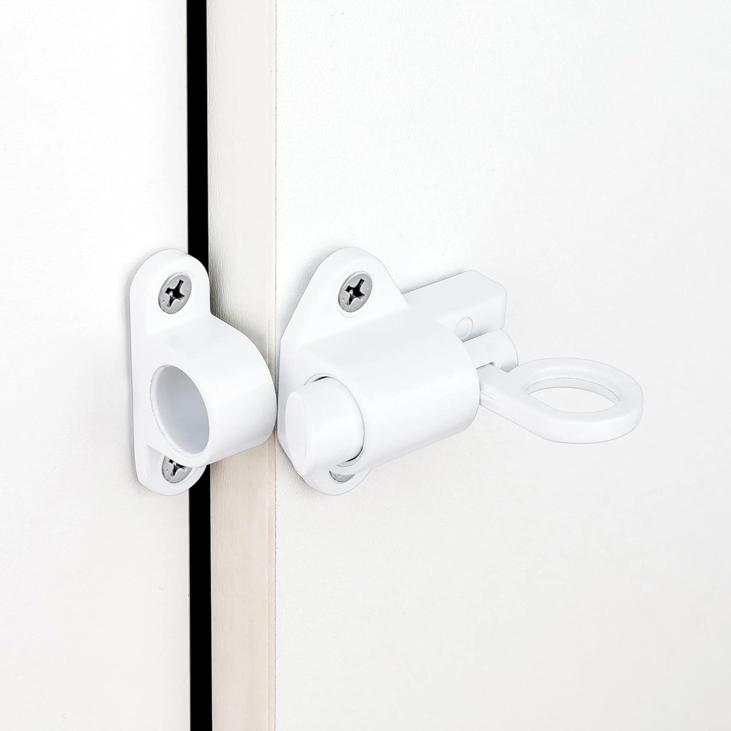 2 Packs Self-Closing Latches，White Spring Door Lock，Resilient Bolt Latch Aluminum Alloy Safety Automatic Spring Barrel Slide Door Lock with Screws,Used for Gate,Window and Cabinet etc