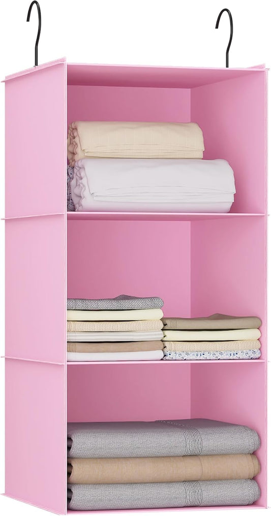 Hanging Closet Organizer and Storage 3-Shelf, Easy Mount Foldable Hanging Closet Wardrobe Storage Shelves, Clothes Handbag Shoes Accessories Storage, Washable Oxford Cloth Fabric, Pink